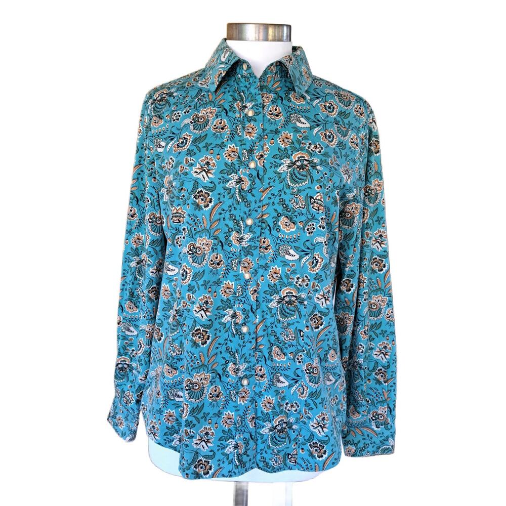 PENDLETON Snap Front Western Top Medium Blue Brown Vintage Floral Print